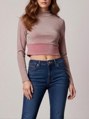 Naked Wardrobe NEW On The Glow Pink Glitter Mockneck Long Sleeve Crop Top M